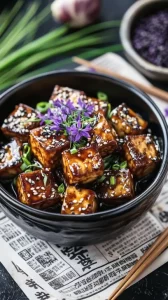 ail-noir-recette-tofu-laqué-glaçage-sésame-fleurs-comestibles-bol-noir-journal