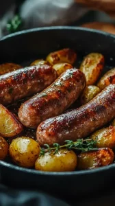 figatelli-recette-au-four-avec-pommes-de-terre-rôties-dans-plat-en-fonte